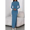 imageBTFBM Womens Formal Dresses 2025 Fall Long Sleeve Mock Neck Ruched Bodycon Slit Maxi Wedding Guest Cocktail DressBlue