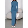 imageBTFBM Womens Formal Dresses 2025 Fall Long Sleeve Mock Neck Ruched Bodycon Slit Maxi Wedding Guest Cocktail DressBlue