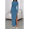imageBTFBM Womens Formal Dresses 2025 Fall Long Sleeve Mock Neck Ruched Bodycon Slit Maxi Wedding Guest Cocktail DressBlue