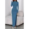 imageBTFBM Womens Formal Dresses 2025 Fall Long Sleeve Mock Neck Ruched Bodycon Slit Maxi Wedding Guest Cocktail DressBlue