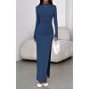 imageBTFBM Womens Formal Dresses 2025 Fall Long Sleeve Mock Neck Ruched Bodycon Slit Maxi Wedding Guest Cocktail DressDark Blue