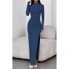 imageBTFBM Womens Formal Dresses 2025 Fall Long Sleeve Mock Neck Ruched Bodycon Slit Maxi Wedding Guest Cocktail DressDark Blue
