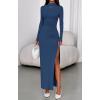 imageBTFBM Womens Formal Dresses 2025 Fall Long Sleeve Mock Neck Ruched Bodycon Slit Maxi Wedding Guest Cocktail DressDark Blue