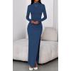 imageBTFBM Womens Formal Dresses 2025 Fall Long Sleeve Mock Neck Ruched Bodycon Slit Maxi Wedding Guest Cocktail DressDark Blue