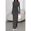 imageBTFBM Womens Formal Dresses 2025 Fall Long Sleeve Mock Neck Ruched Bodycon Slit Maxi Wedding Guest Cocktail DressDark Grey