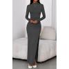 imageBTFBM Womens Formal Dresses 2025 Fall Long Sleeve Mock Neck Ruched Bodycon Slit Maxi Wedding Guest Cocktail DressDark Grey