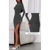 imageBTFBM Womens Formal Dresses 2025 Fall Long Sleeve Mock Neck Ruched Bodycon Slit Maxi Wedding Guest Cocktail DressDark Grey