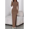 imageBTFBM Womens Formal Dresses 2025 Fall Long Sleeve Mock Neck Ruched Bodycon Slit Maxi Wedding Guest Cocktail DressKhaki