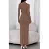 imageBTFBM Womens Formal Dresses 2025 Fall Long Sleeve Mock Neck Ruched Bodycon Slit Maxi Wedding Guest Cocktail DressKhaki