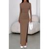 imageBTFBM Womens Formal Dresses 2025 Fall Long Sleeve Mock Neck Ruched Bodycon Slit Maxi Wedding Guest Cocktail DressKhaki