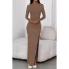 imageBTFBM Womens Formal Dresses 2025 Fall Long Sleeve Mock Neck Ruched Bodycon Slit Maxi Wedding Guest Cocktail DressKhaki