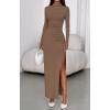 imageBTFBM Womens Formal Dresses 2025 Fall Long Sleeve Mock Neck Ruched Bodycon Slit Maxi Wedding Guest Cocktail DressKhaki