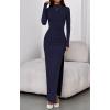 imageBTFBM Womens Formal Dresses 2025 Fall Long Sleeve Mock Neck Ruched Bodycon Slit Maxi Wedding Guest Cocktail DressNavy Blue