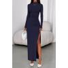 imageBTFBM Womens Formal Dresses 2025 Fall Long Sleeve Mock Neck Ruched Bodycon Slit Maxi Wedding Guest Cocktail DressNavy Blue