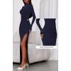 imageBTFBM Womens Formal Dresses 2025 Fall Long Sleeve Mock Neck Ruched Bodycon Slit Maxi Wedding Guest Cocktail DressNavy Blue
