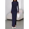 imageBTFBM Womens Formal Dresses 2025 Fall Long Sleeve Mock Neck Ruched Bodycon Slit Maxi Wedding Guest Cocktail DressNavy Blue