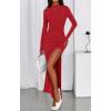 imageBTFBM Womens Formal Dresses 2025 Fall Long Sleeve Mock Neck Ruched Bodycon Slit Maxi Wedding Guest Cocktail DressRed