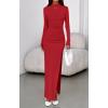 imageBTFBM Womens Formal Dresses 2025 Fall Long Sleeve Mock Neck Ruched Bodycon Slit Maxi Wedding Guest Cocktail DressRed