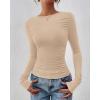imageBTFBM Womens Tops Dressy Casual Workout Outfits Fall 2025 Long Sleeve Shirts Boat Neck Ruched Bodycon Going Out TopBeige