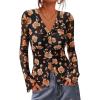 imageBTFBM Button Down Shirts for Women Fall Fashion 2025 V Neck Long Sleeve Blouse Ruched Mesh Fitted Floral Print Boho TopsBlack