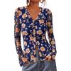 imageBTFBM Button Down Shirts for Women Fall Fashion 2025 V Neck Long Sleeve Blouse Ruched Mesh Fitted Floral Print Boho TopsBlue