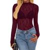 imageBTFBM Lace Tops for Women 2025 See Through Mesh Top Crew Neck Long Sleeve Fitted Sheer Party Club Outfits Fall FashionBurgundy