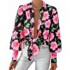 imageBTFBM Women Fashion Button Down Shirts V Neck Printed Solid Boho Long Sleeve Blouses Dressy Casual Summer Fall TopsBig Floral Black Pink