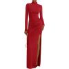 imageBTFBM Womens Formal Dresses 2025 Fall Long Sleeve Mock Neck Ruched Bodycon Slit Maxi Wedding Guest Cocktail DressRed