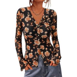 imageBTFBM Button Down Shirts for Women Fall Fashion 2025 V Neck Long Sleeve Blouse Ruched Mesh Fitted Floral Print Boho TopsBlack