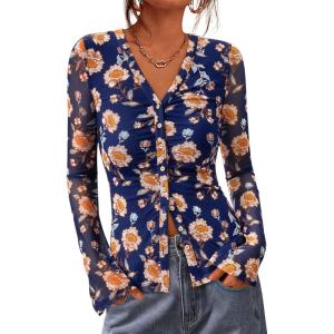 imageBTFBM Button Down Shirts for Women Fall Fashion 2025 V Neck Long Sleeve Blouse Ruched Mesh Fitted Floral Print Boho TopsBlue