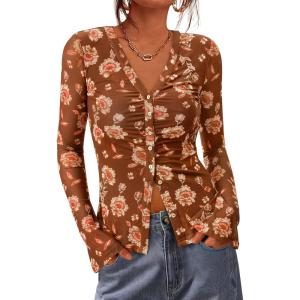 imageBTFBM Button Down Shirts for Women Fall Fashion 2025 V Neck Long Sleeve Blouse Ruched Mesh Fitted Floral Print Boho TopsKhaki