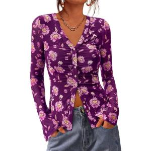 imageBTFBM Button Down Shirts for Women Fall Fashion 2025 V Neck Long Sleeve Blouse Ruched Mesh Fitted Floral Print Boho TopsPurple