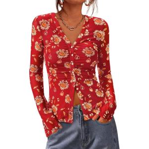 imageBTFBM Button Down Shirts for Women Fall Fashion 2025 V Neck Long Sleeve Blouse Ruched Mesh Fitted Floral Print Boho TopsRed