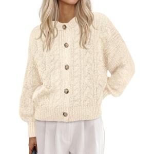 imageBTFBM Chunky Cardigan Sweaters for Women Fall Fashion 2025 Button Lantern Long Sleeve Cable Knit Winter Coats OuterwearBeige White