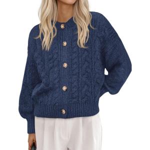 imageBTFBM Chunky Cardigan Sweaters for Women Fall Fashion 2025 Button Lantern Long Sleeve Cable Knit Winter Coats OuterwearDark Blue