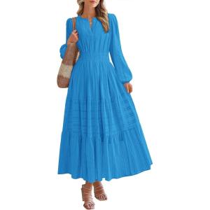 imageBTFBM Fall Dresses for Women 2025 Casual Long Sleeve V Neck Elastic Waist Lightweight Maxi Wedding Guest Dress PocketsBrilliant Blue