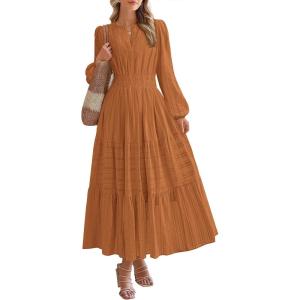 imageBTFBM Fall Dresses for Women 2025 Casual Long Sleeve V Neck Elastic Waist Lightweight Maxi Wedding Guest Dress PocketsBrown Orange