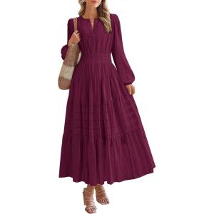 imageBTFBM Fall Dresses for Women 2025 Casual Long Sleeve V Neck Elastic Waist Lightweight Maxi Wedding Guest Dress PocketsBurgundy