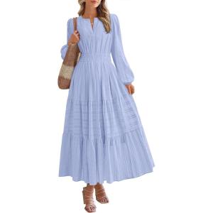imageBTFBM Fall Dresses for Women 2025 Casual Long Sleeve V Neck Elastic Waist Lightweight Maxi Wedding Guest Dress PocketsLight Blue
