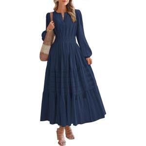 imageBTFBM Fall Dresses for Women 2025 Casual Long Sleeve V Neck Elastic Waist Lightweight Maxi Wedding Guest Dress PocketsNavy