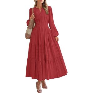 imageBTFBM Fall Dresses for Women 2025 Casual Long Sleeve V Neck Elastic Waist Lightweight Maxi Wedding Guest Dress PocketsRed