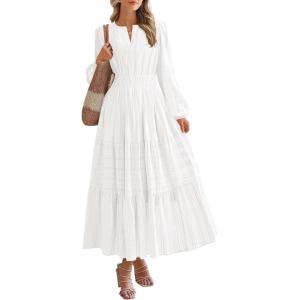 imageBTFBM Fall Dresses for Women 2025 Casual Long Sleeve V Neck Elastic Waist Lightweight Maxi Wedding Guest Dress PocketsWhite