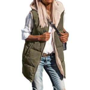 imageBTFBM Fall Long Puffer Vest Women Sleeveless Hooded Reversible Fleece Sherpa Jacket Zip Up Winter Coat Outerwear VestsArmy Green