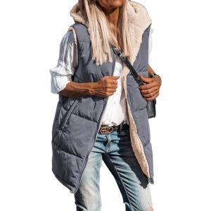 imageBTFBM Fall Long Puffer Vest Women Sleeveless Hooded Reversible Fleece Sherpa Jacket Zip Up Winter Coat Outerwear VestsGrey Blue