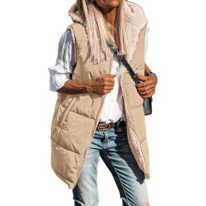 imageBTFBM Fall Long Puffer Vest Women Sleeveless Hooded Reversible Fleece Sherpa Jacket Zip Up Winter Coat Outerwear VestsLight Camel