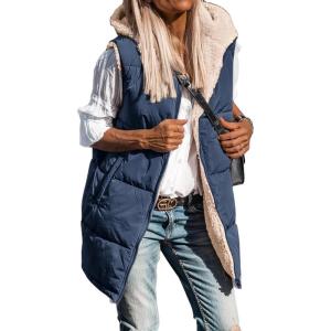 imageBTFBM Fall Long Puffer Vest Women Sleeveless Hooded Reversible Fleece Sherpa Jacket Zip Up Winter Coat Outerwear VestsNavy