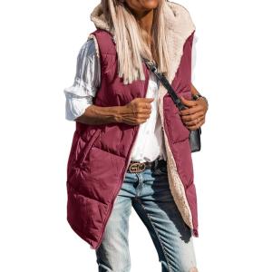 imageBTFBM Fall Long Puffer Vest Women Sleeveless Hooded Reversible Fleece Sherpa Jacket Zip Up Winter Coat Outerwear VestsWine Red