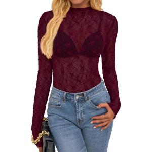 imageBTFBM Lace Tops for Women 2025 See Through Mesh Top Crew Neck Long Sleeve Fitted Sheer Party Club Outfits Fall FashionBurgundy