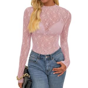 imageBTFBM Lace Tops for Women 2025 See Through Mesh Top Crew Neck Long Sleeve Fitted Sheer Party Club Outfits Fall FashionPink