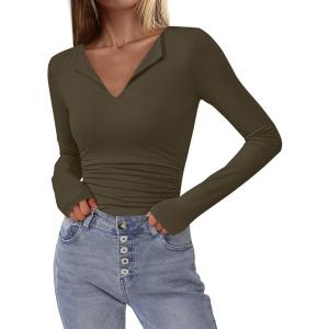 imageBTFBM Long Sleeve Shirts for Women 2025 Fall Fashion V Neck Knit Ruched Slim Fit Casual Basic Tees Going Out Tops Y2kArmy Green
